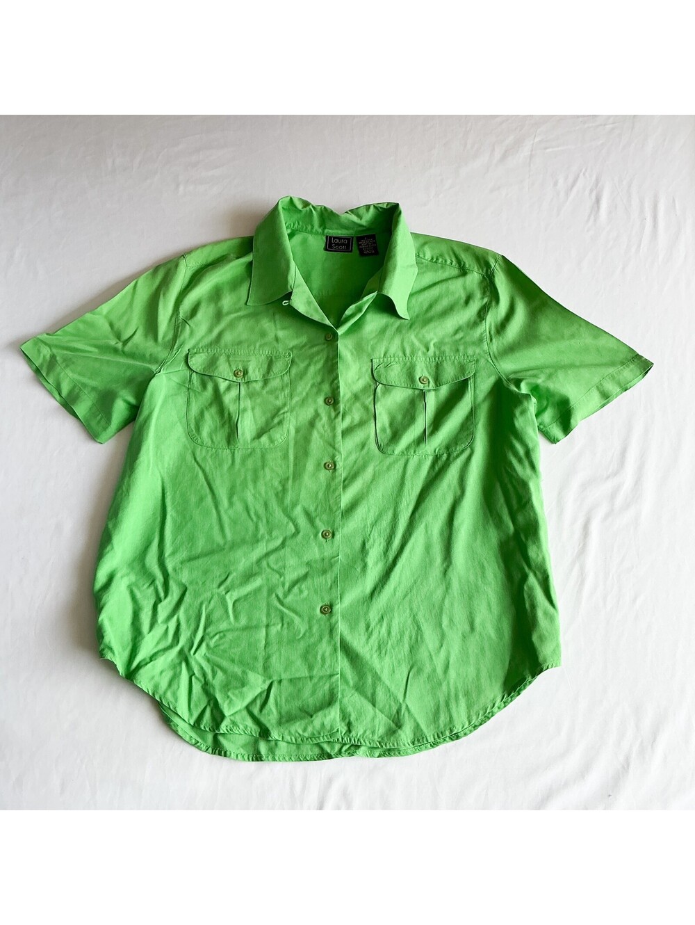 Laura Scott Bright Green Silk Short Sleeve Lightweight Button-Up Shirt Size L